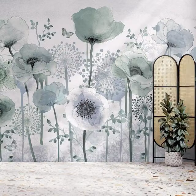Superfresco Easy Poppy Teal Floral Wall Mural, Blue and Petrol, W: 300 cm, H: 280 cm