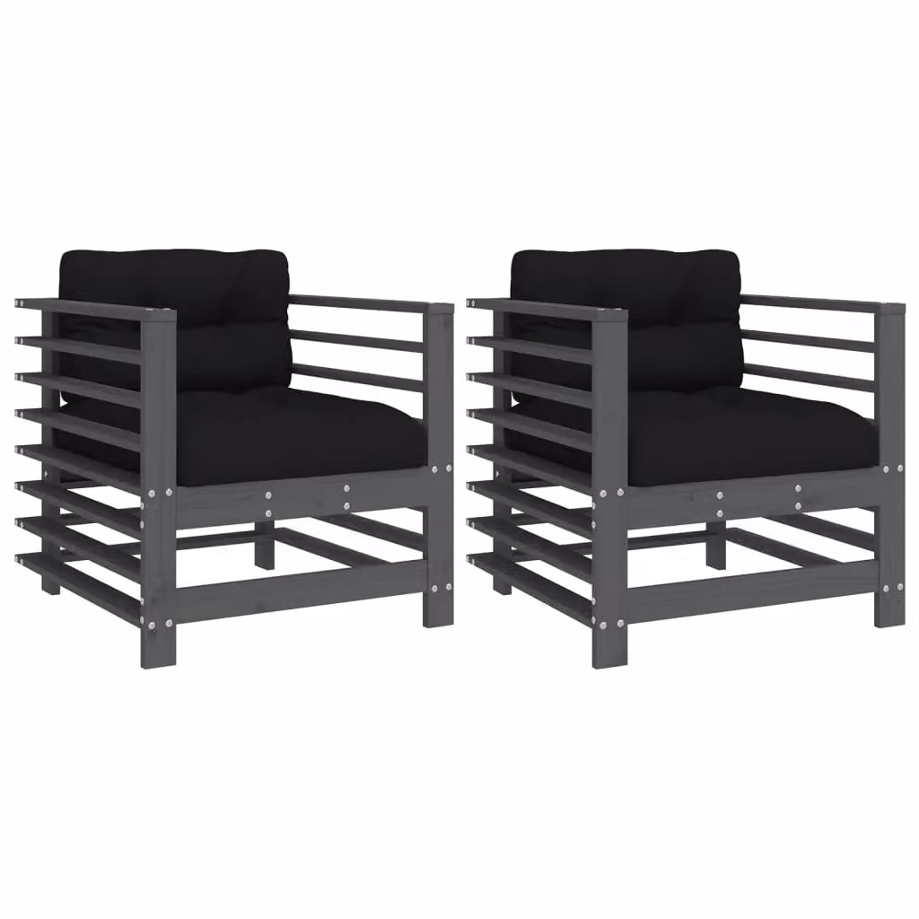 Berkfield Home Set of 2 Rustic Grey Pine Garden Chairs with Fabric Cushions and Armrests – 2