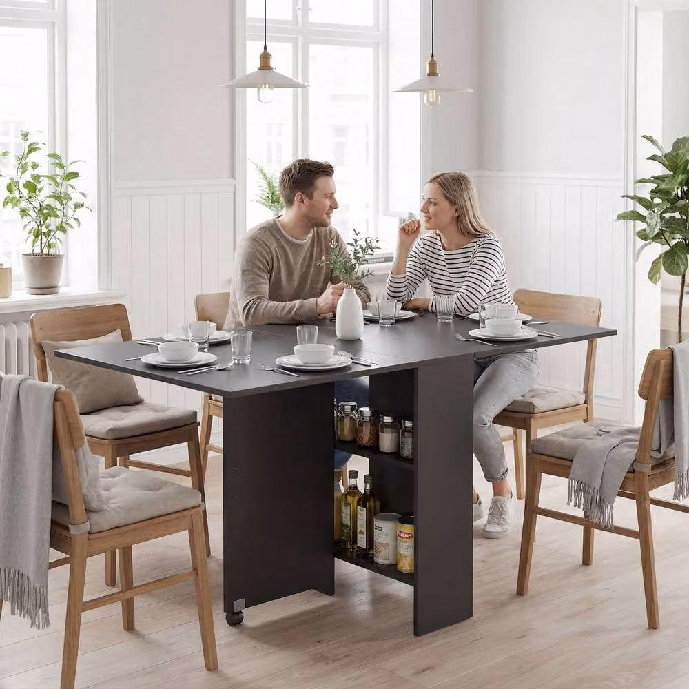 HOMCOM Modern Black Folding Drop Leaf Dining Table for 4-6 Adults – 2