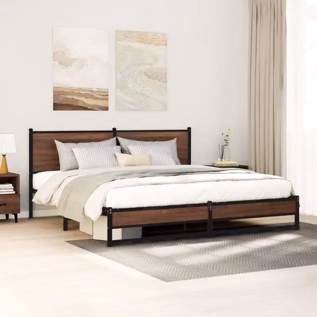Berkfield Home Metal Bed Frame in Brown Oak, Super King, W/D/H: 180 x 200 cm
