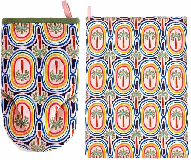Eleanor Bowmer Coast Palm Tree Oven Glove and Tea Towel Set in Multicolour Cotton