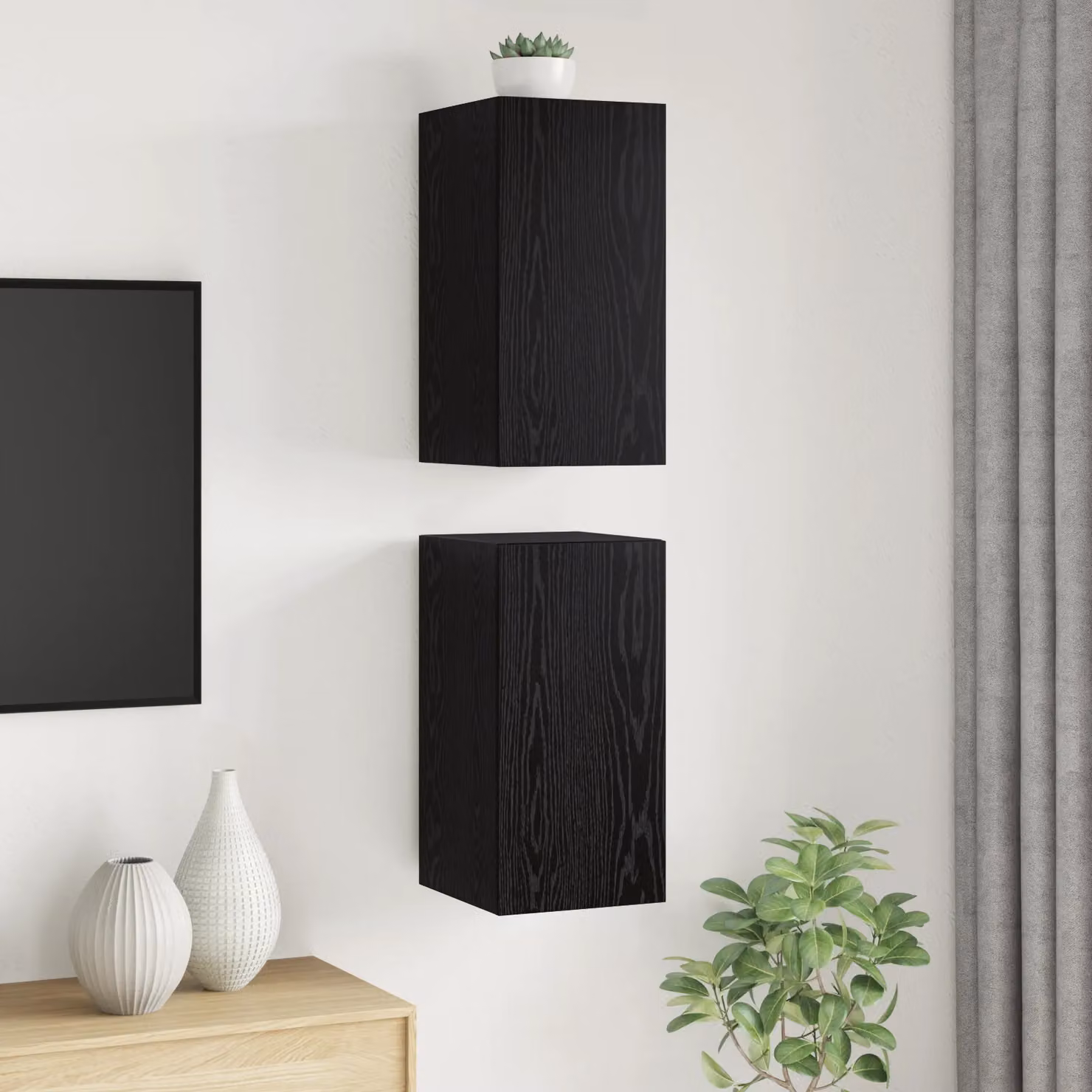 Berkfield Home Modern Wall-Mounted TV Unit Set with Storage Shelves and Hinged Doors in Black Oak Finish – 2