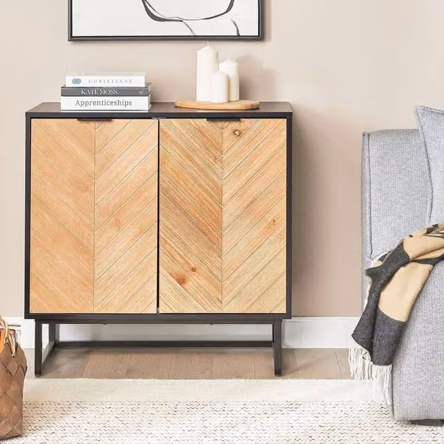 Wyld Haus Nordic Living Sideboard in Black with Light Wood Veneer, 2 Doors, Width: 80 cm