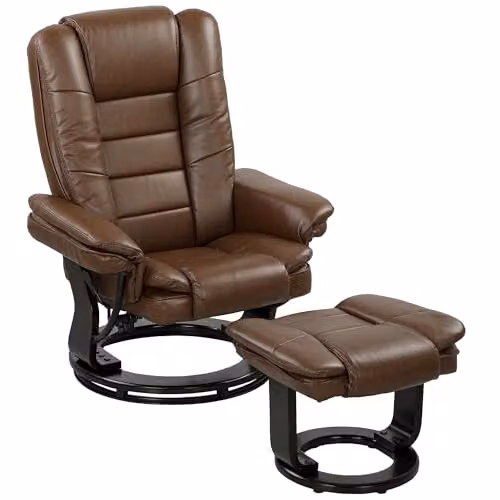HOMCOM Swivel Manual Recliner Chair and Footstool Set in Brown PU Leather – 1