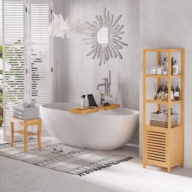 HOMCOM Adjustable Bamboo and Metal Extendable Bathtub Caddy Tray in Brown – 2