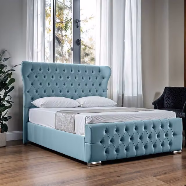 UK Bed Furniture Isabella Upholstered Slatted Base Bed with 48 Inch Wingback Headboard in Light Blue, W/D/H: 90 x 190 cm