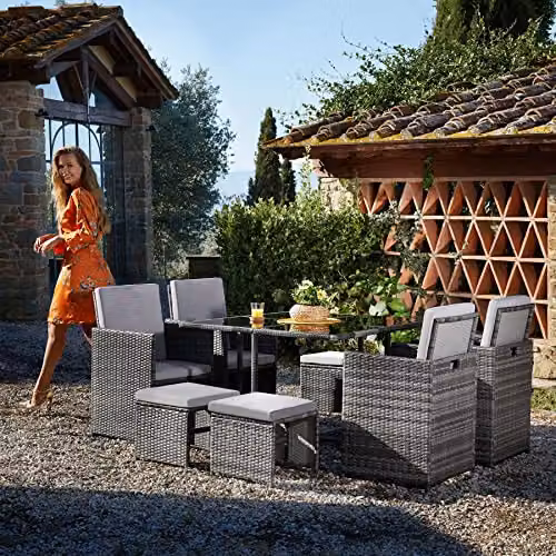 tectake Polyrattan Garden Furniture Set with Aluminium Base, Including 4 Dining Chairs, 1 Table and 4 Stools, Black/Grey – 2