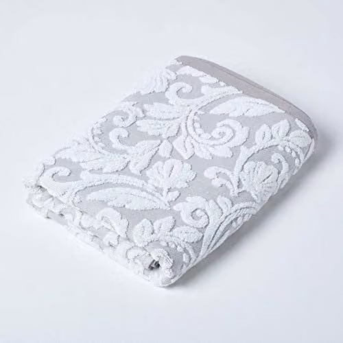 HOMESCAPES Luxury Beige and Light Brown Damask Patterned Bath Towel, 100% Turkish Cotton, 600GSM