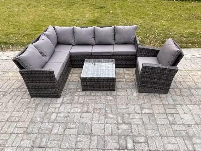 Fimous 7 Seater Outdoor Garden Furniture Set with PE Rattan Corner Sofa, Armchairs and Square Coffee Table in Dark Grey Anthracite