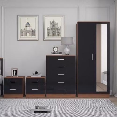 Reflect Modern Bedroom Furniture Set in Black Gloss and Walnut Finish, including 2 Door Mirror Wardrobe, Tallboy Chest and 2 Bedside Tables – 2