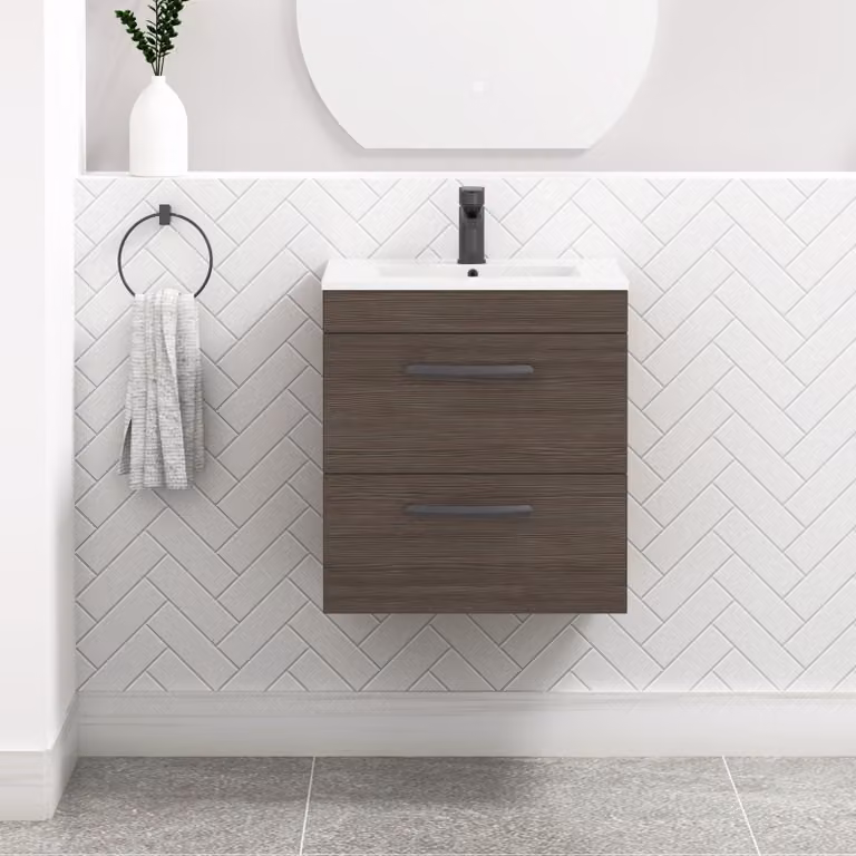 Royal Bathrooms Turin Wall Hung Vanity Unit in Grey Elm with 2 Drawers and Matt Black Handles