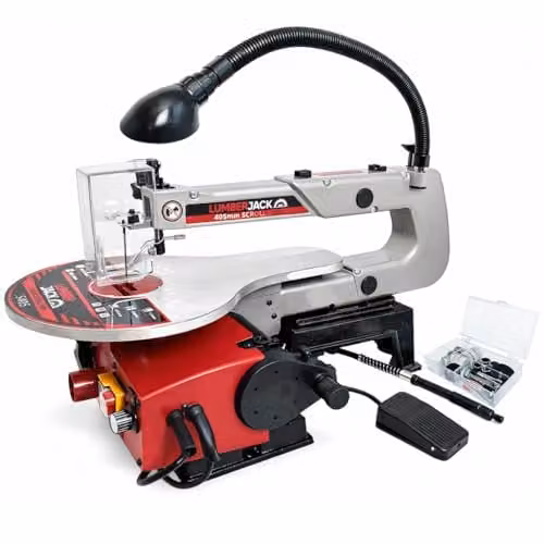 Lumberjack 16 inch Variable Speed Scroll Saw in Red with LED Light, Flexi Shaft and Foot Pedal