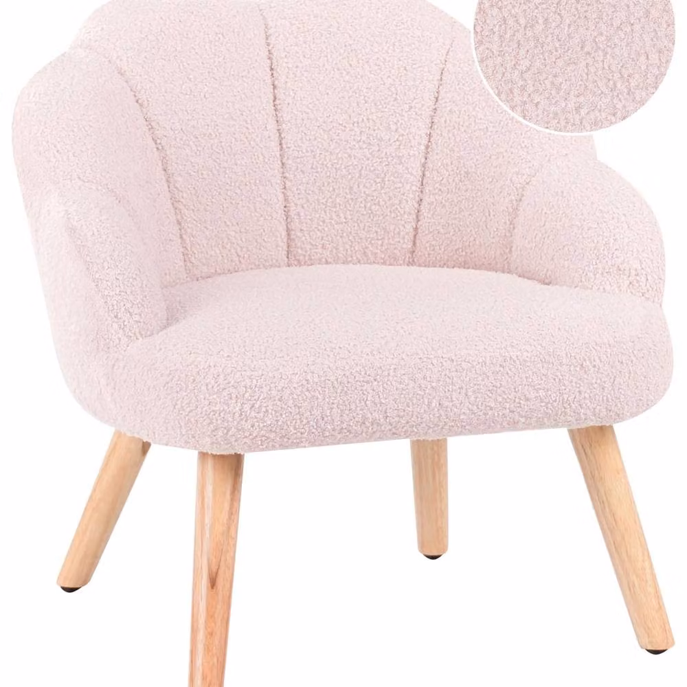 Wyld and Coco Kids Bouclé Armchair in Pastel Pink with Shell-Inspired Rubberwood Legs – 2