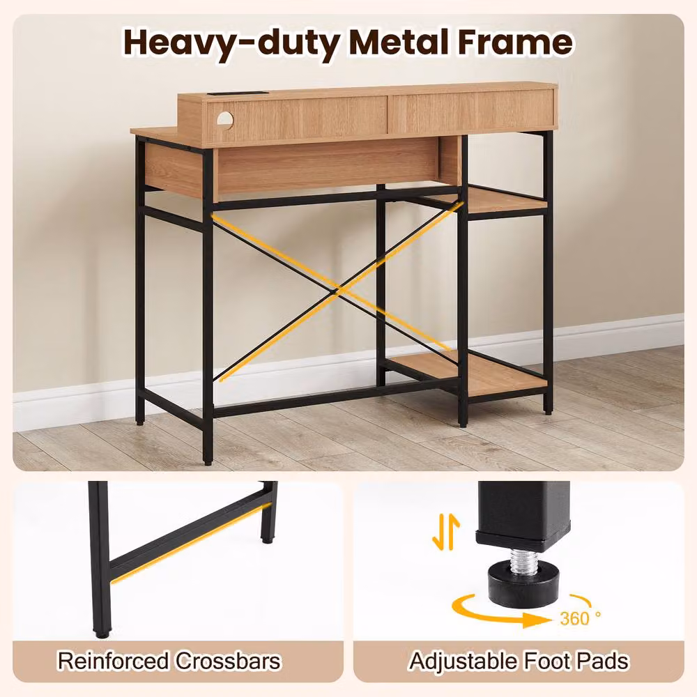Costway Modern Computer Desk with Power Outlets in Brown – 5