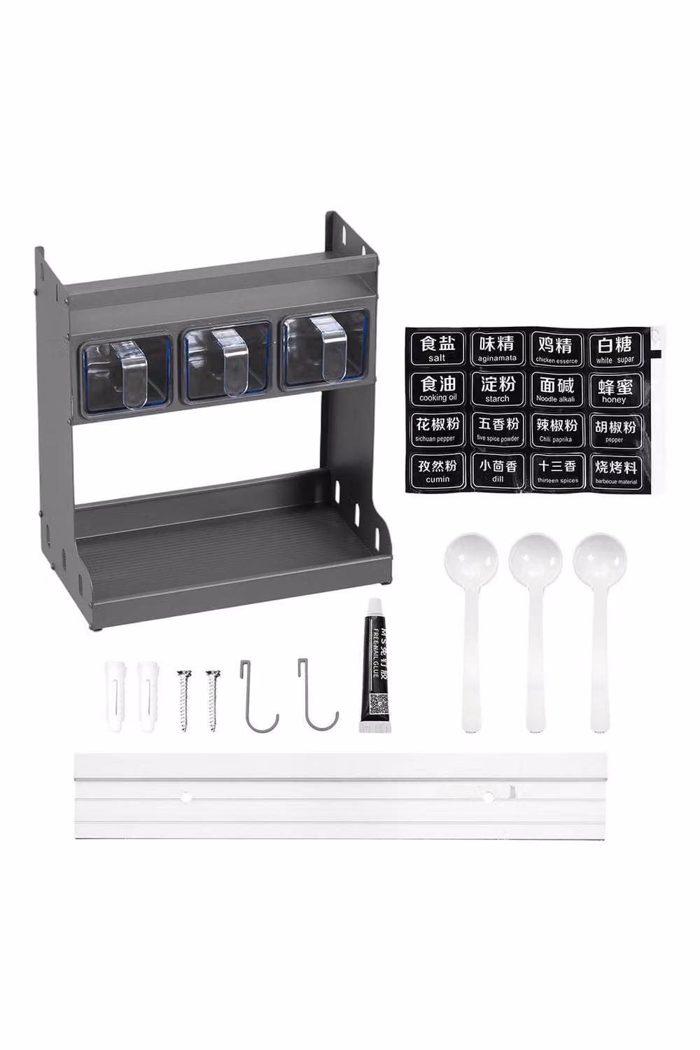 Living and Home 3-Tier Metal Wall Mounted Kitchen Spice Rack in Grey with 3 Seasoning Boxes, W: 28.5 cm, D: 26.0 cm – 3