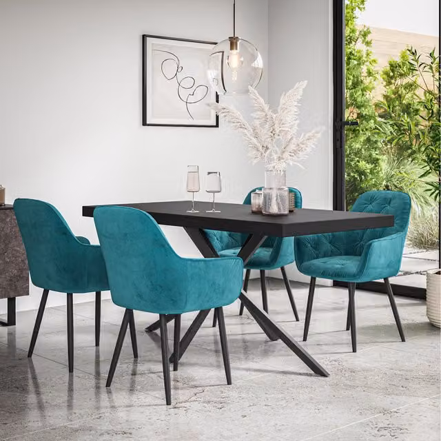 More4Homes Donni Rectangular Oak Dining Table with 6 Blue and Black Anika Velvet Chairs