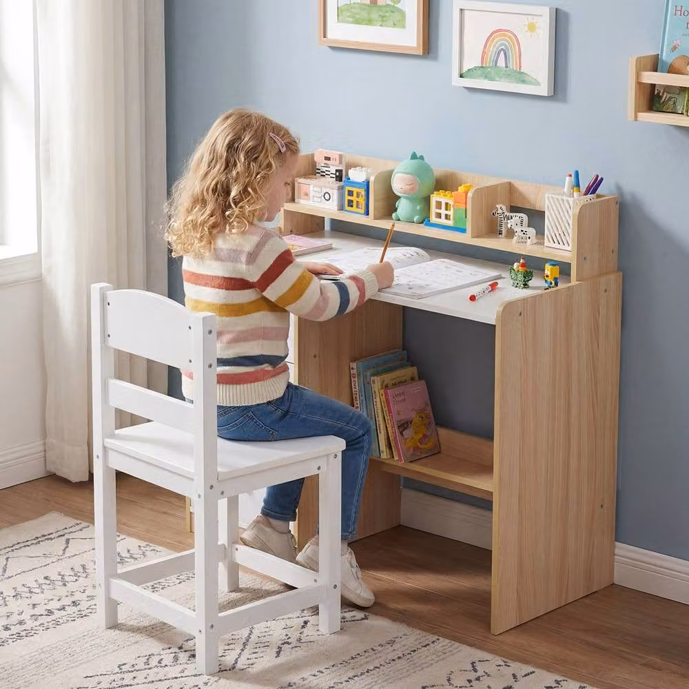 Costway Kids Study Desk and Chair Set in Natural Wood with Hutch and 3 Drawers – 4