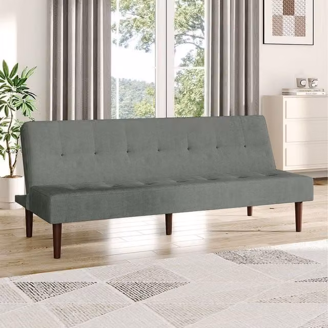 Komore Grey Tufted Towelling Convertible Click Clack Sofa Bed with Solid Rubberwood Frame