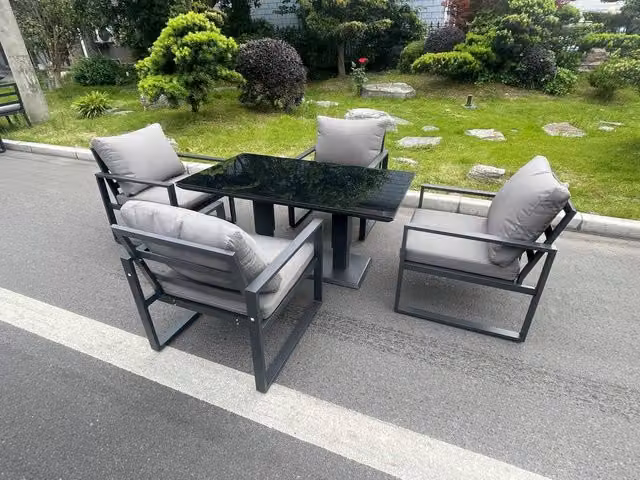 Fimous Aluminum Garden Dining Set with Adjustable Rising Table and 4 Chairs in Black and Dark Grey with Tempered Glass