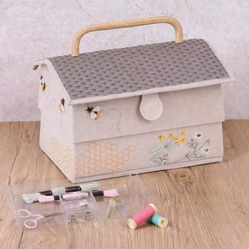 Hobby Gift Bee Hive Embroidered Sewing and Craft Storage Box in White and Beige – 3