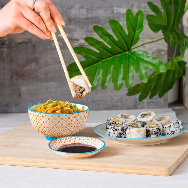 Nicola Spring Hand-Printed Rice Bowls, Orange, Pack of 6, Diameter: 12 cm
