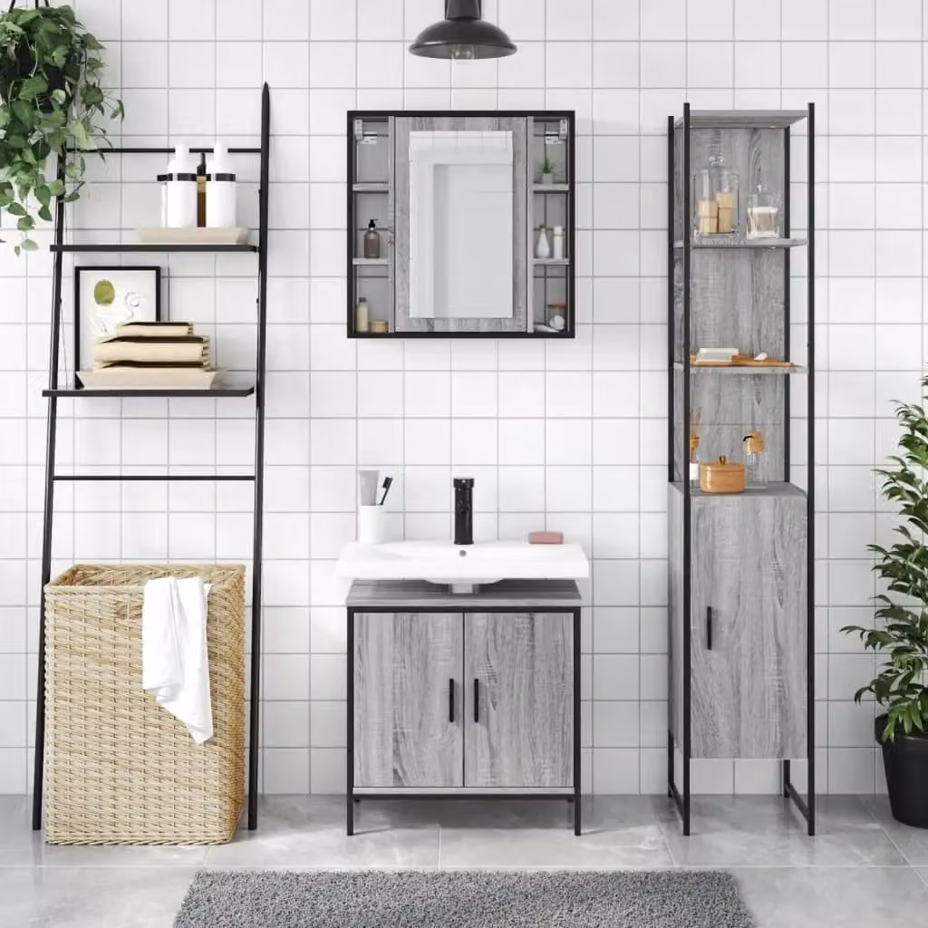 Berkfield Home 3 Piece Modern Grey Bathroom Cabinet Set with Mirror Cabinet and Hinged Doors – 2