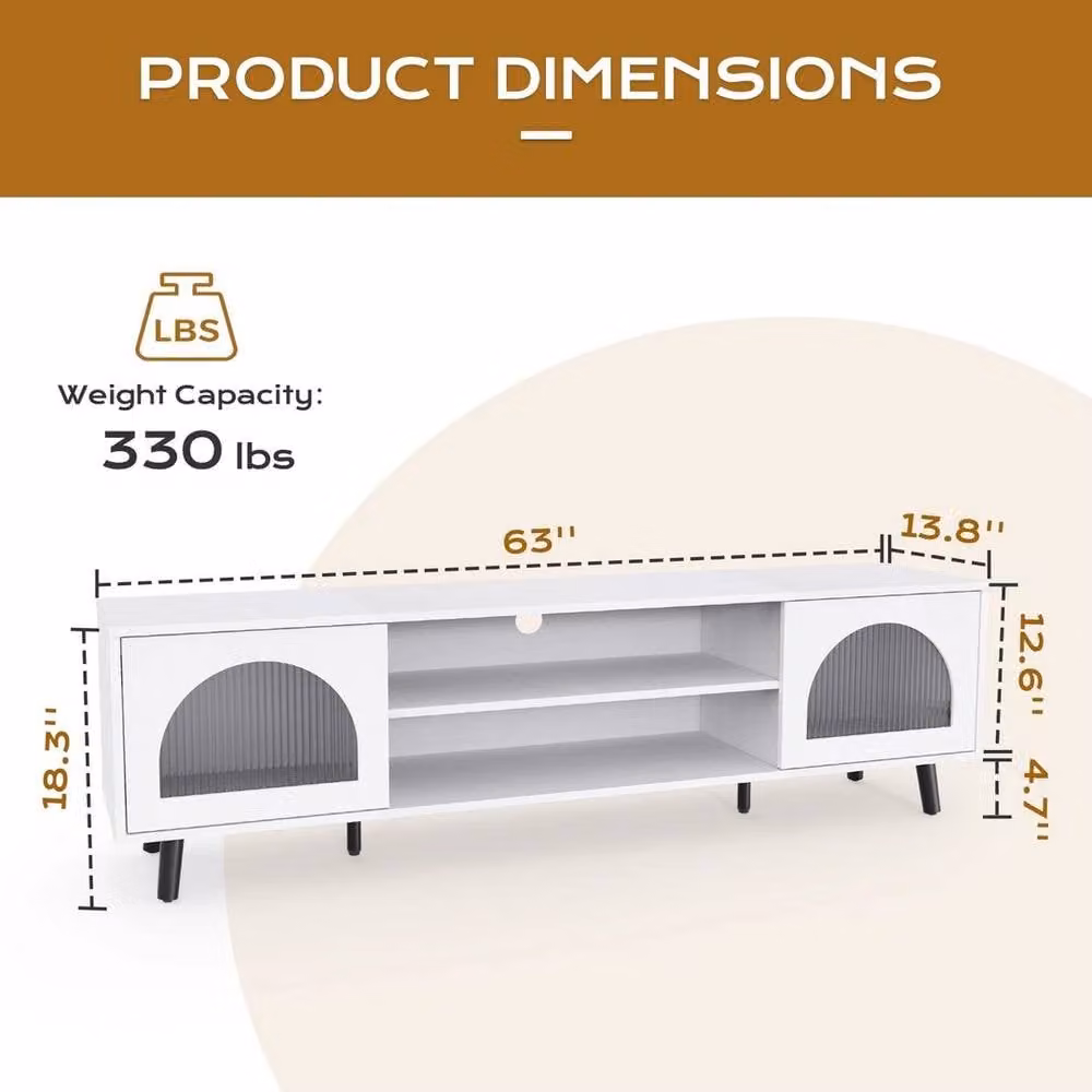 EONLION White Modern TV Stand with 2 Door Storage Cabinet and Glass Details, W/D/H: 160 x 47 x 35 cm – 1