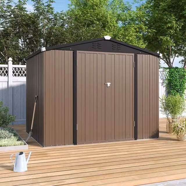 Lifeideas Apex Metal Garden Shed with Vents in Brown and Black, W: 228 cm, D: 181 cm, H: 194 cm