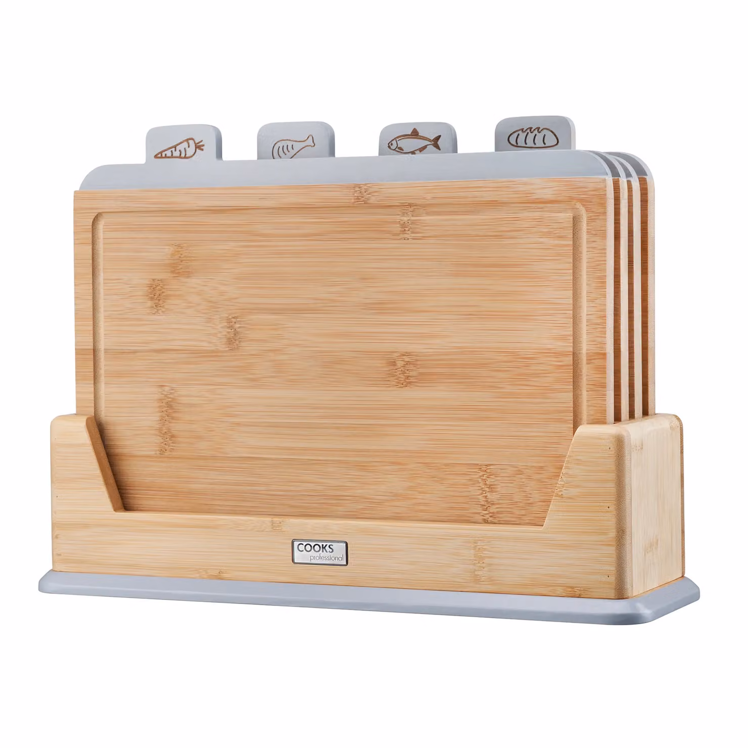 Cooks Professional Set of 4 Grey Bamboo Index Chopping Boards with Stand and Food Type Tabs – 2