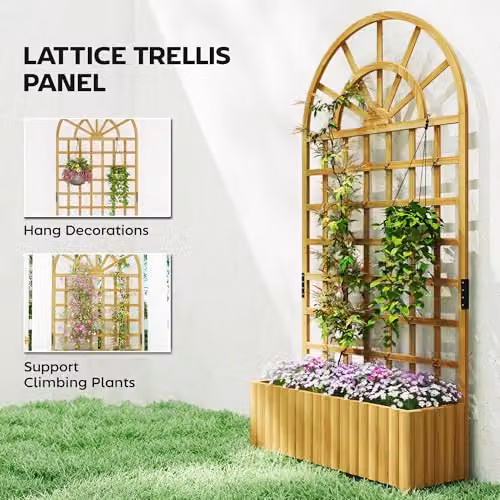 Outsunny Wooden Raised Planter with Lattice Trellis for Climbing Plants, Brown/Beige, H 180 x W 90 x D 30 cm – 2