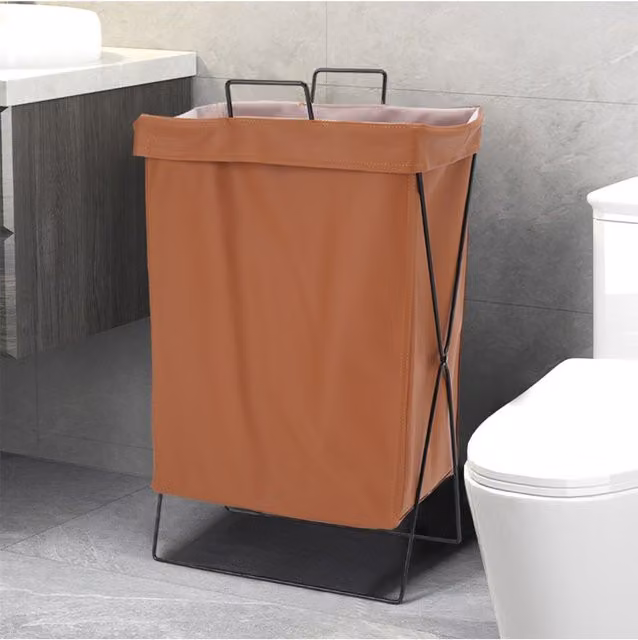 Living and Home Collapsible PU Leather Laundry Hamper with Metal Frame, Brown