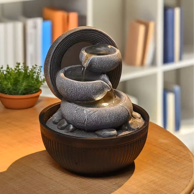 Lifeideas Modern Round Cascading Tabletop Fountain with LED Light, Grey, Height: 21 cm