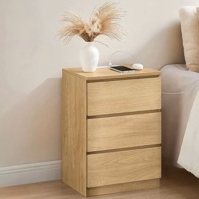 FORGEVIO Modern Bedside Side Table with Drawer and Built-In Power Strip in Light Oak – 1
