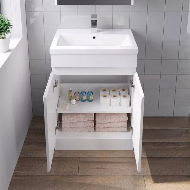 SPETLEK White Glossy Freestanding Bathroom Vanity Unit with Soft-Close Hinged Doors and Internal Shelves, Width: 60 cm – 1