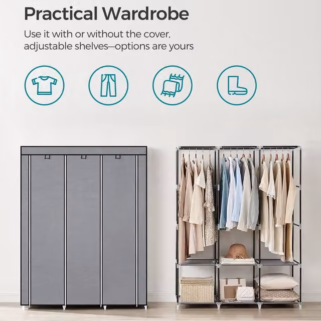 SONGMICS Portable Clothes Wardrobe with Cover in Grey