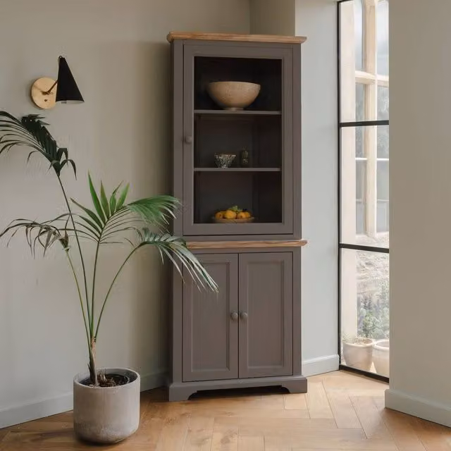 Statement Furniture Florence Corner Display Cabinet with Glass Doors in Light Grey, H: 200 cm x W: 78 cm x D: 35 cm – 1