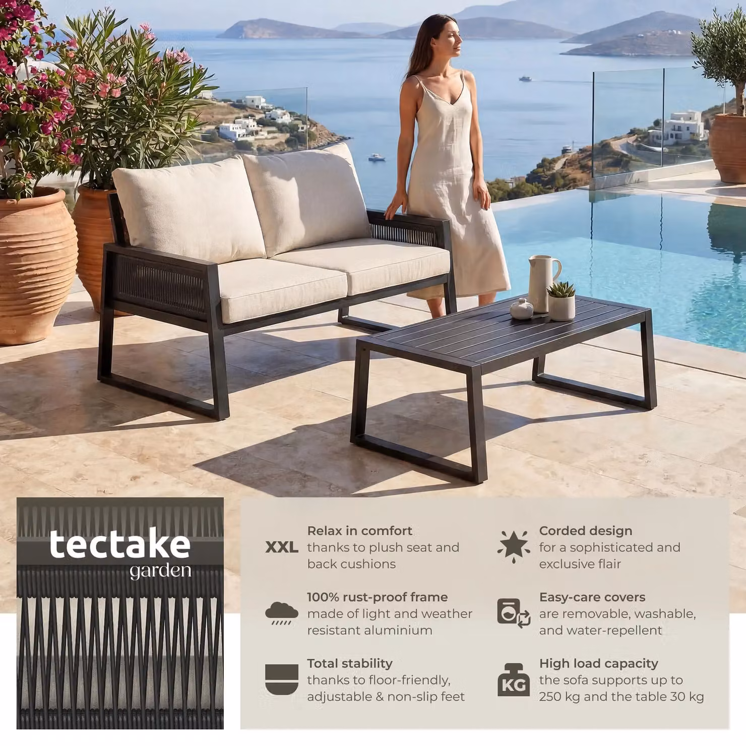 tectake Captive 2-Seater Garden Lounge Set with Coffee Table in Anthracite Grey, Powder Coated Aluminium and Cord Design – 2
