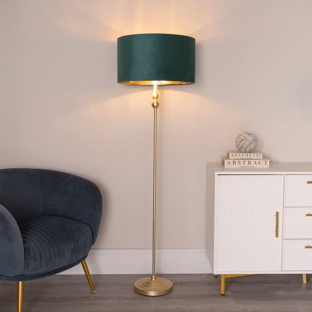 ValueLights Maggie Gold Candlestick Floor Lamp in Green Velvet with Gold Inner Shade