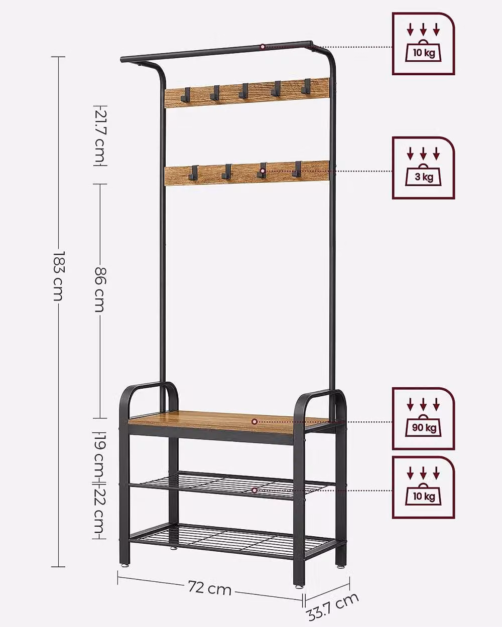 VASAGLE Industrial Hall Tree with Shoe Bench, Hooks and Clothes Rail in Bronze – 3