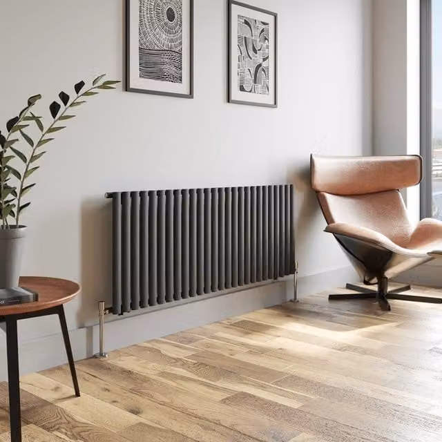 Temprazo Horizontal Oval Tube Double Panel Designer Radiator in Anthracite Grey, H: 144 cm, W: 60 cm, D: 5.5 cm