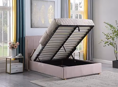 Seconique Amelia Double Storage Ottoman Bed in Pink Velvet Fabric, W/D/H: 140 x 200 x 116 cm