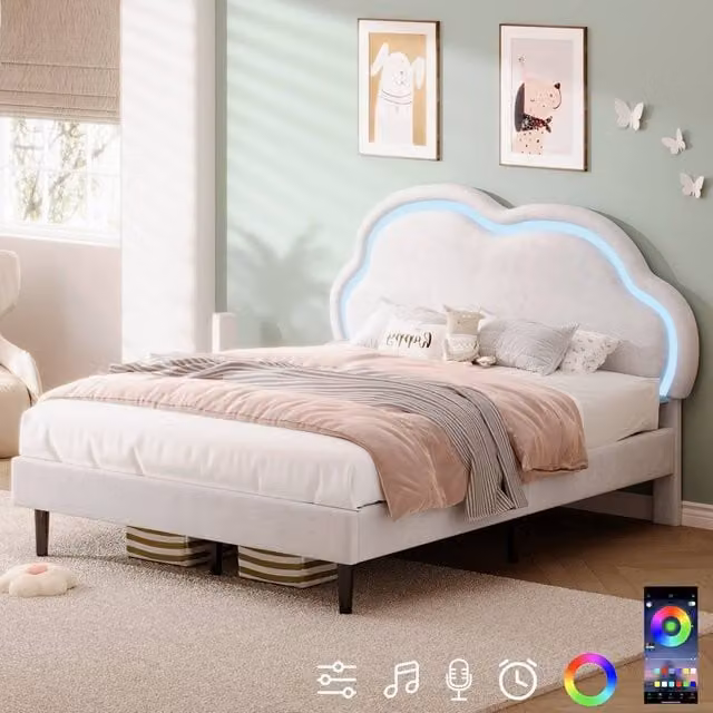 Rolipo Double Upholstered Velvet Bed Frame with LED Cloud Headboard in White, W/D/H: 140 x 200 cm – 1