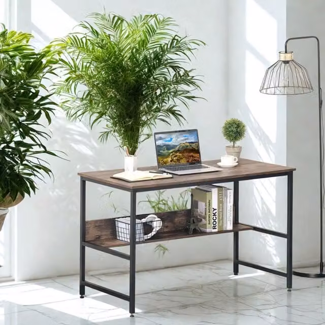 Furnold Industrial Rustic 2 Tier Computer Desk with Storage Shelf, Brown, W/D/H: 120 x 60 x 75 cm