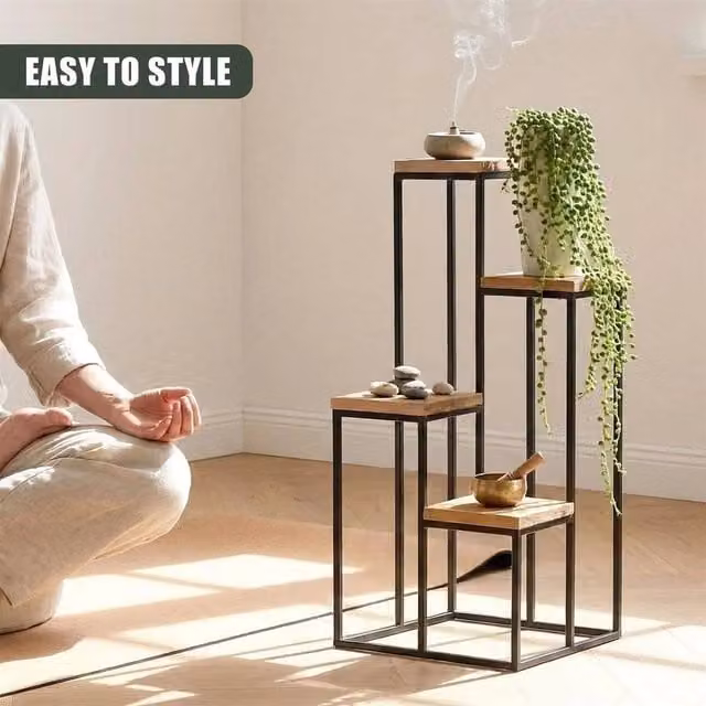 EONLION 4 Tier Industrial Plant Stand in Brown Metal and Wood