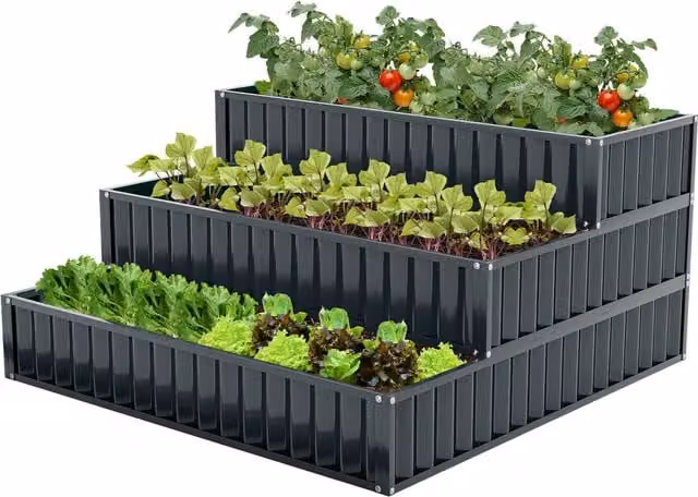 COSTWAY 3-Tier Raised Garden Bed Planter Box, Black Metal