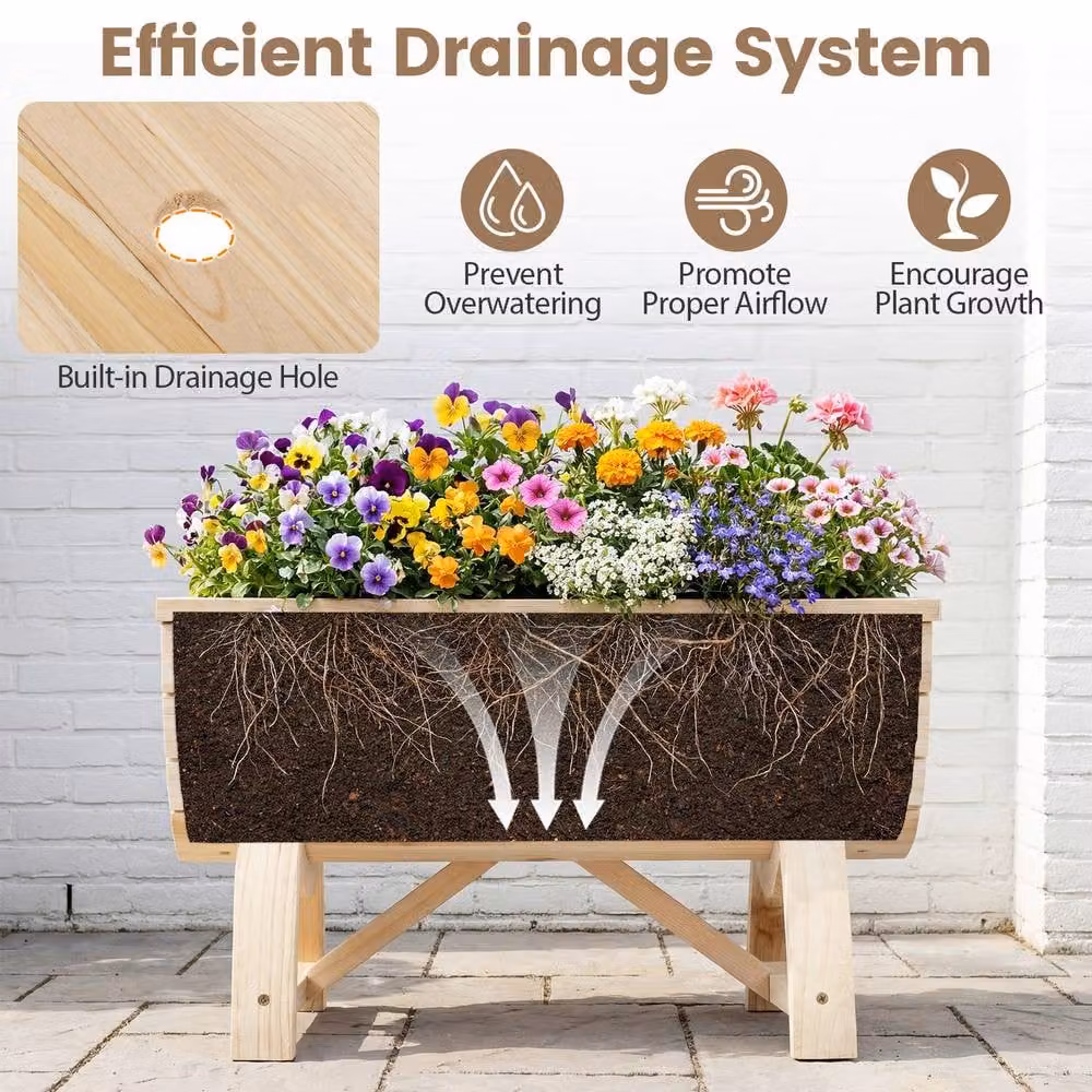 Costway Set of 2 Raised Wood Garden Beds, Elevated Half-Barrel Planter Boxes in Brown and Sand – 7