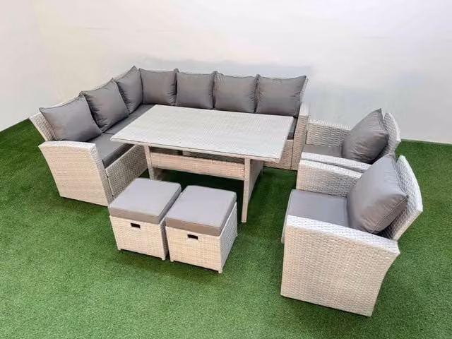 Fimous 10 Seater Rattan Garden Furniture Set in Light Grey with Table, 2 Chairs and 2 Small Footstools