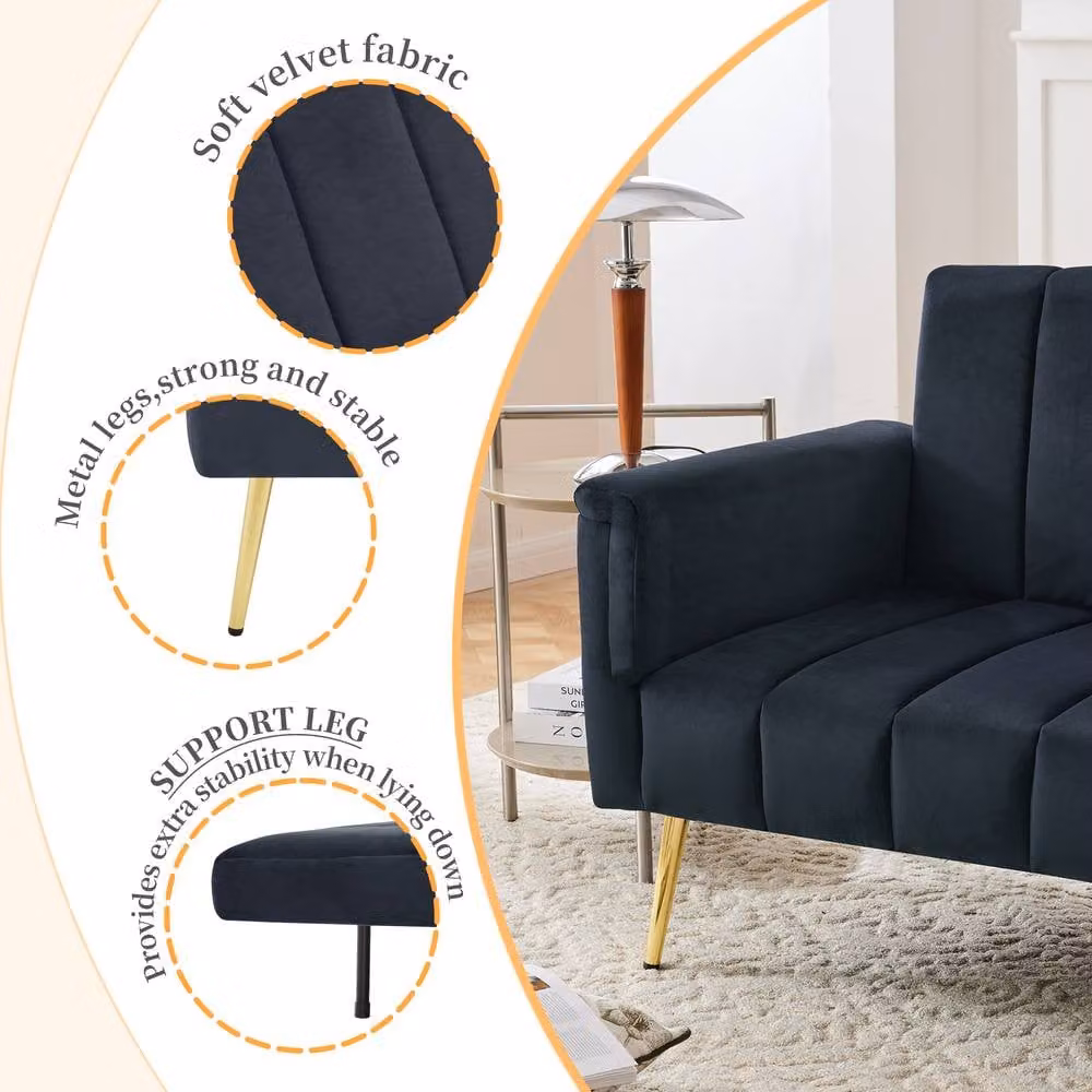 BTM Navy Blue Velvet Folding Sofa Bed with Removable Covers and Foam Padding, W/D/H: 183 x 140 x 75 cm – 3