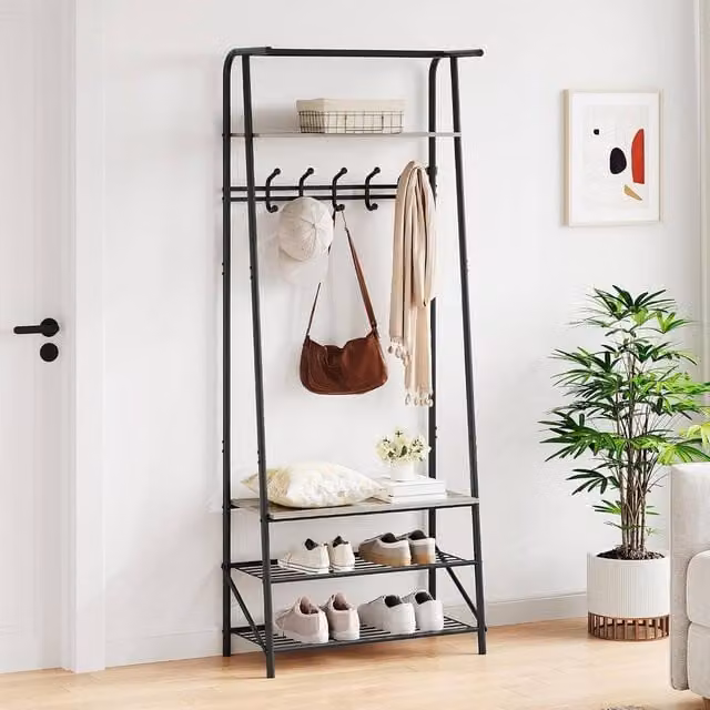 London Boutique 4-in-1 Industrial Hall Tree with Shoe Bench and Coat Rack in Grey and Black – 1