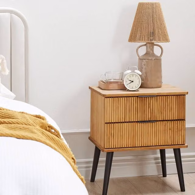 Wyld and Coco Mid-Century Waxed Pine Bedside Table with 2 Drawers in Brown and Black, W/D/H: 40 x 40 x 56 cm – 1
